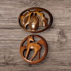 2 Vintage MCM Hand Carved Wood Brooches PINS DEER & ACORN Unsigned Forrest Fairy